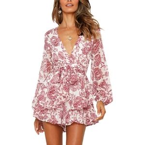 Womens Deep V-Neck Floral Print Romper Long Baggy Sleeves Double Layer Ruffle Hem Short Rompers with Belt